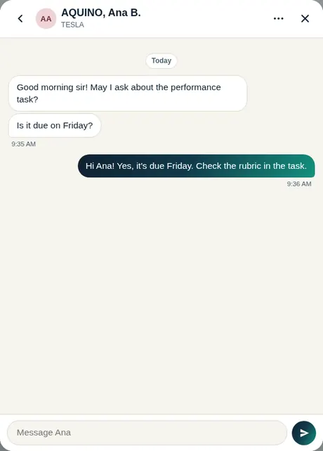 A text-style chat between the teacher and a student